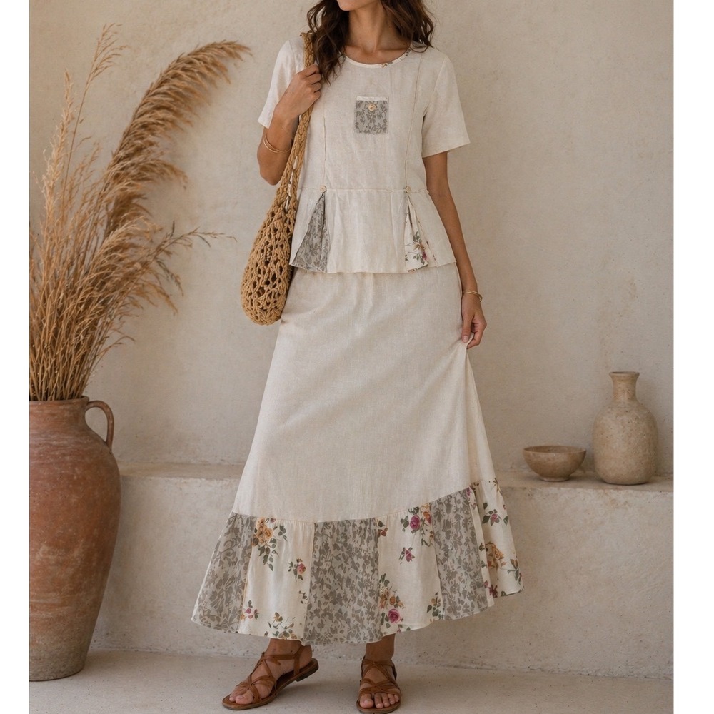 Home Frox Linen Blend 2 Piece Set Tunic Top Maxi Skirt‎ Floral Cottagecore Cream